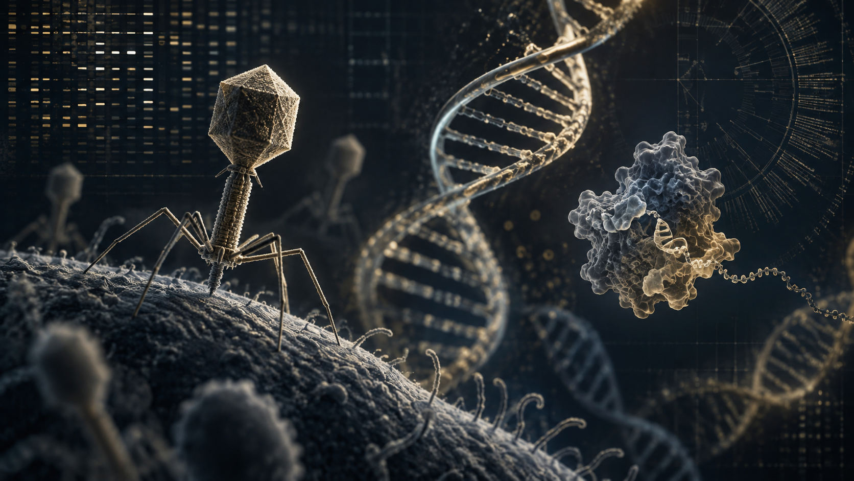 Illustrative image of a bacteriophage, DNA helix and enzyme structure representing preliminary ART enzyme research.