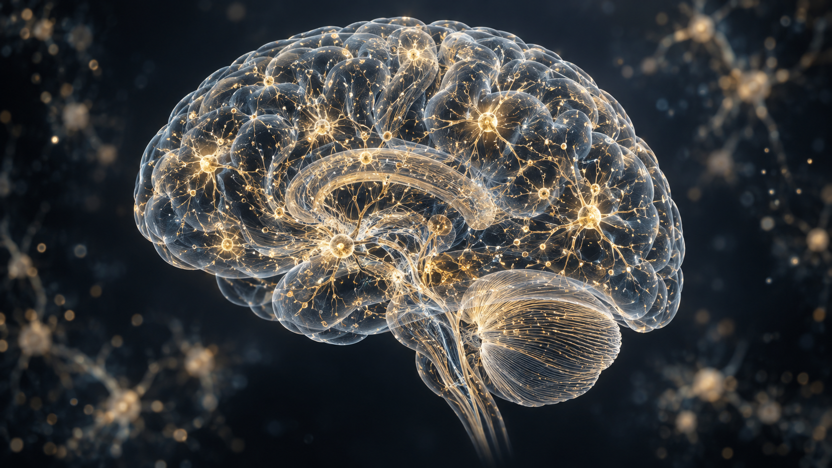 Illustrative science image of a luminous human brain and neural networks representing a cellular atlas of Alzheimer’s and related disorders.