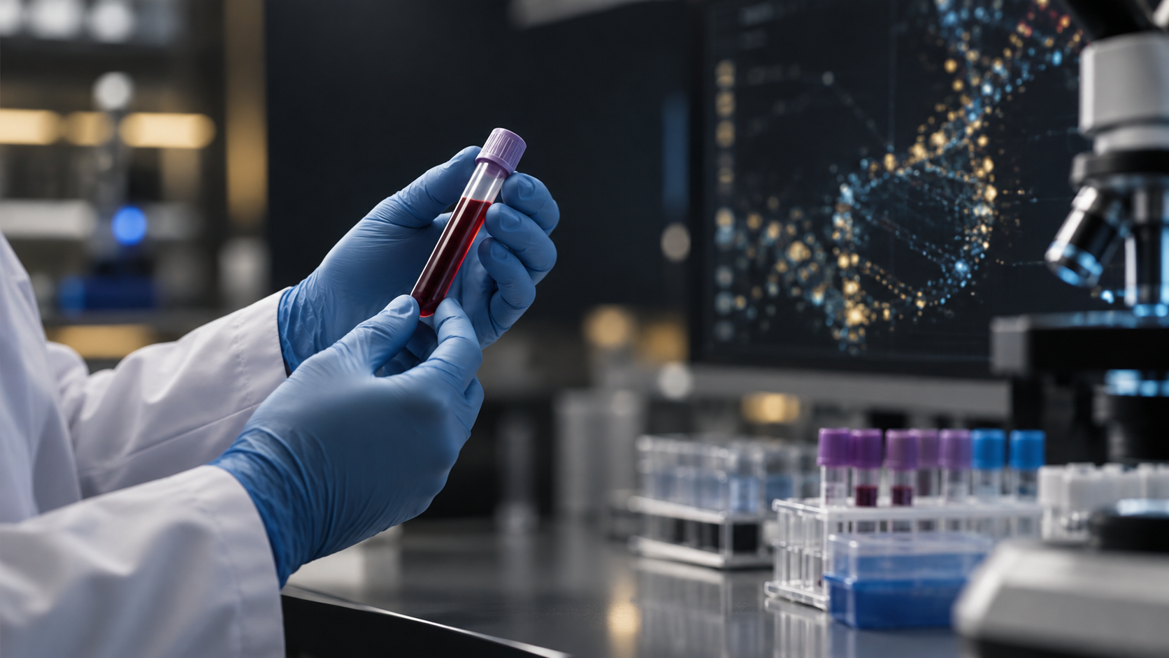 Illustrative image: blood sample and molecular signals representing the Galleri multi-cancer screening test review.