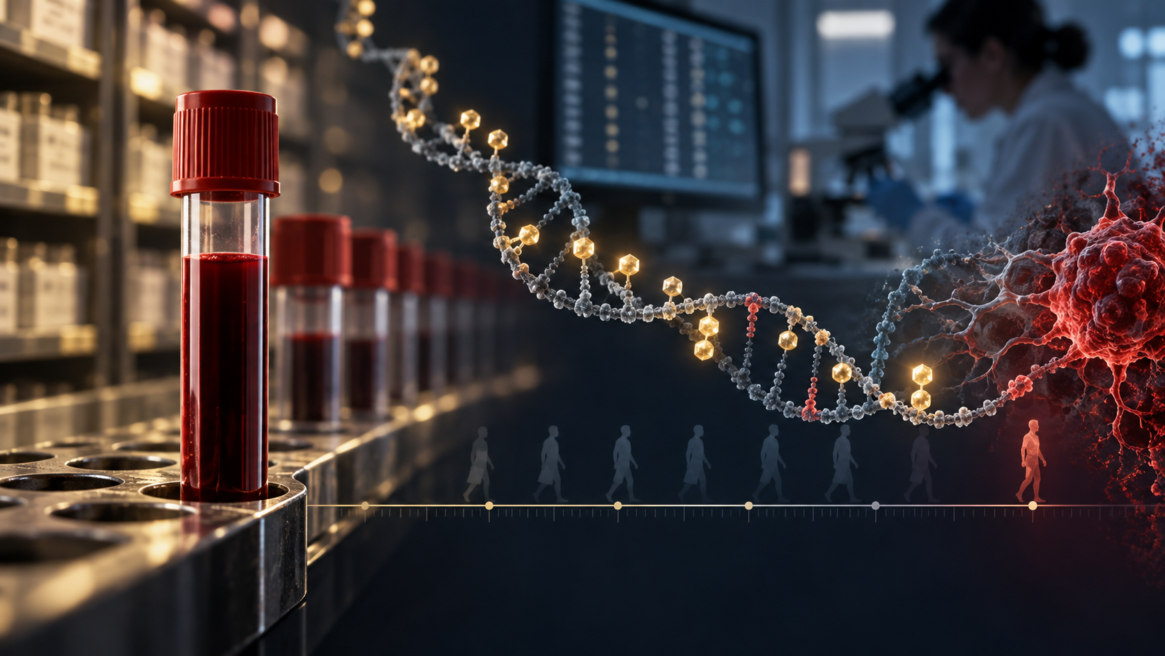 Illustrative image: blood sample beside molecular signals representing early cancer-risk research, not a screening test.