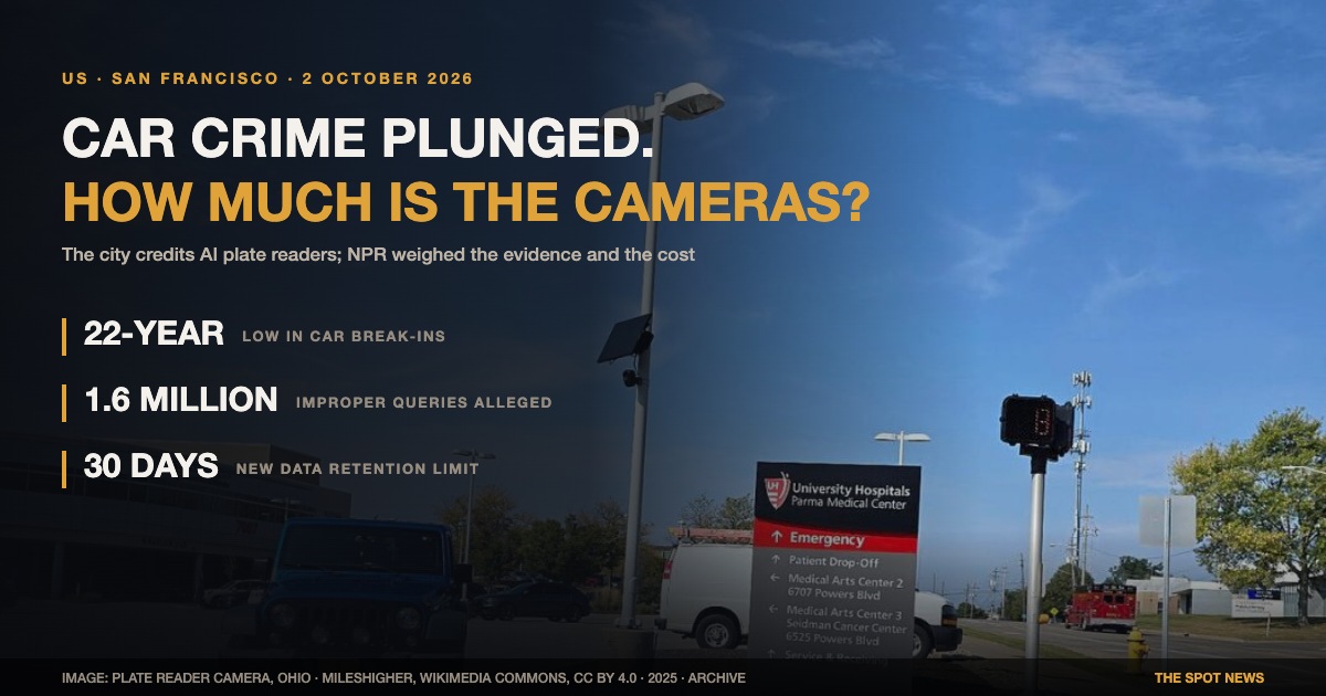 San Francisco car break-ins hit a 22-year low and the city credits AI plate cameras: NPR weighed the evidence as the mayor imposed a 30-day data limit
