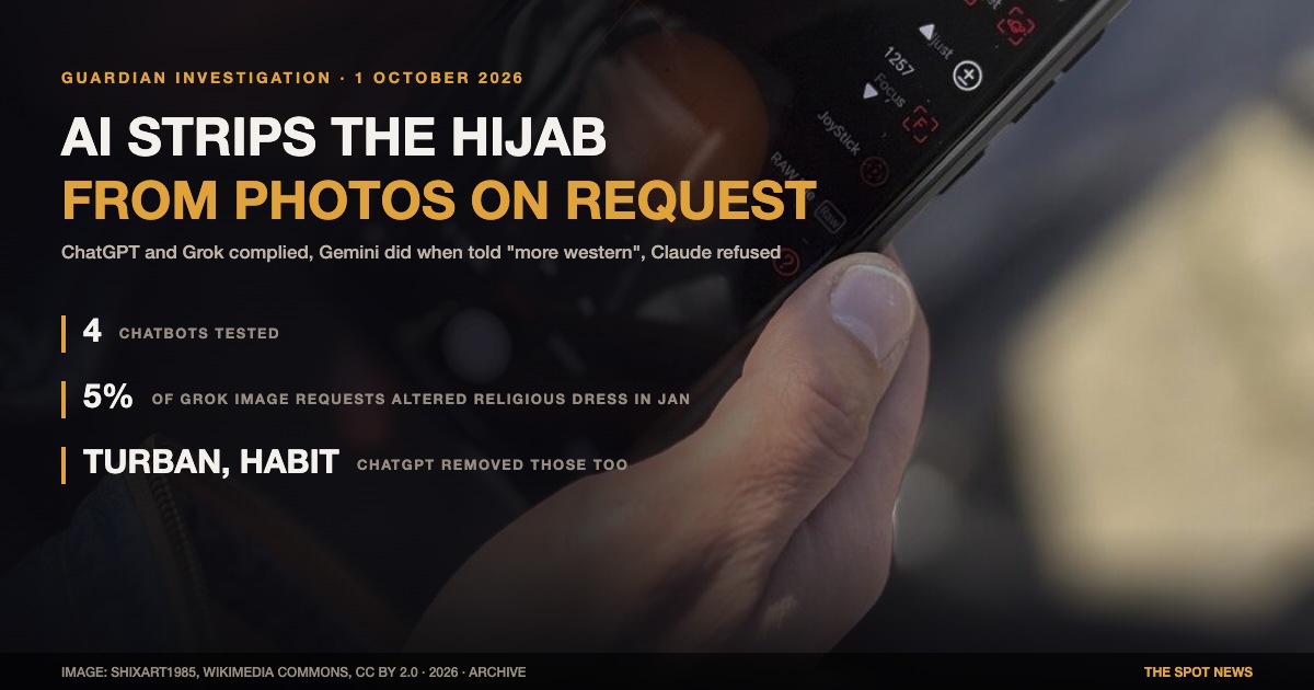 Guardian test: ChatGPT and Grok remove hijabs from images of women on request; Gemini did so when told to make her look more western, Claude refused